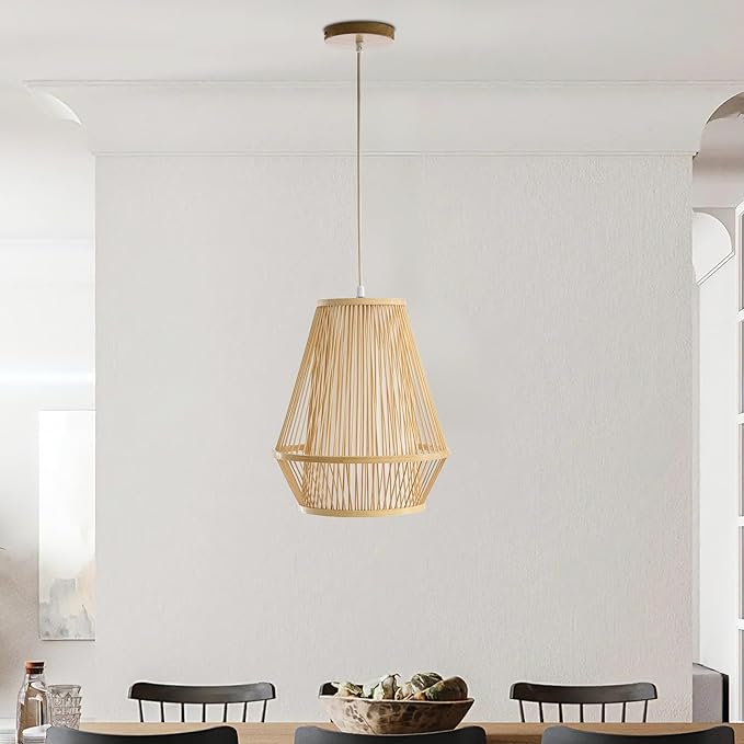 Boho Rattan Pendant Light, 12" Handwoven Bamboo Wicker Basket Shade Pendant Light Fixture, Natural Rustic Farmhouse Chandelier for Kitchen Island, Dining Room, Bedroom