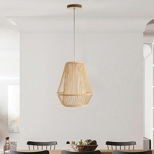 Boho Rattan Pendant Light, 12" Handwoven Bamboo Wicker Basket Shade Pendant Light Fixture, Natural Rustic Farmhouse Chandelier for Kitchen Island, Dining Room, Bedroom