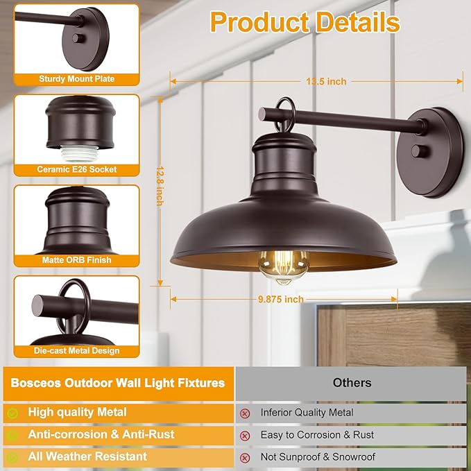 Bosceos 2-Pack Brown Wall Sconces, Farmhouse Exterior Barn Light Fixtures, Outdoor Wall Lights with E26 Socket, Anti-Rust Waterproof Exterior Wall Lantern for House Patio Porch Doorway Garage