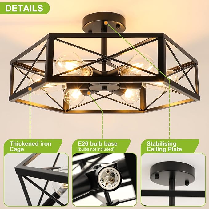 WILON Semi Flush Mount Ceiling Light, Industrial 6 Light Close to Ceiling Light Fixture, Black Dining Room Light Fixture Farmhouse Chandelier for Kitchen Hallway Bedroom Living Room(E26 Socket)