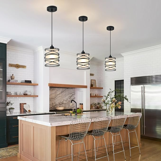 3 Pack Frosted Glass Pendant Light Fixtures 6.3Inch Spiral Metal Cage Mini Pendant Lighting Handblown Kitchen Island Hanging Light Adjustable Cord Pendant Lamp for Dining Room Foyer Hallway, E26