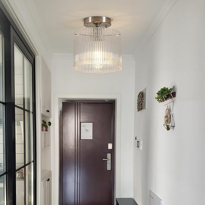 Modern Semi Flush Mount Ceiling Light, Industrial Clear Glass Ceiling Light Fixture, Crystal Ceiling Lamp, Modern Ceiling Lamps, Farmhouse Light for Entryway Hallway Kitchen Dining Room, Nickel