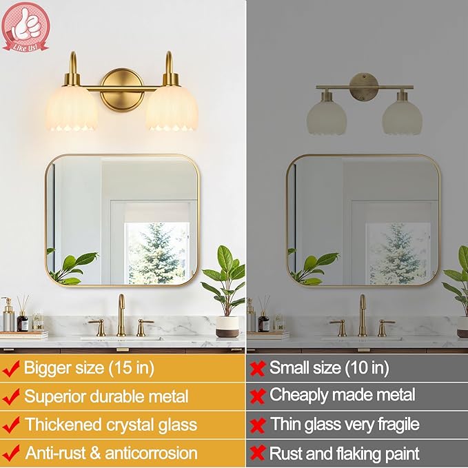 Bathroom Light Fixtures, 2-Light Gold Vanity Light Fixtures with White Tulip Glass Shades, Bathroom Lighting Fixtures Over Mirror for Bedroom, Living Room & Hallway (Bulbs Not Included)