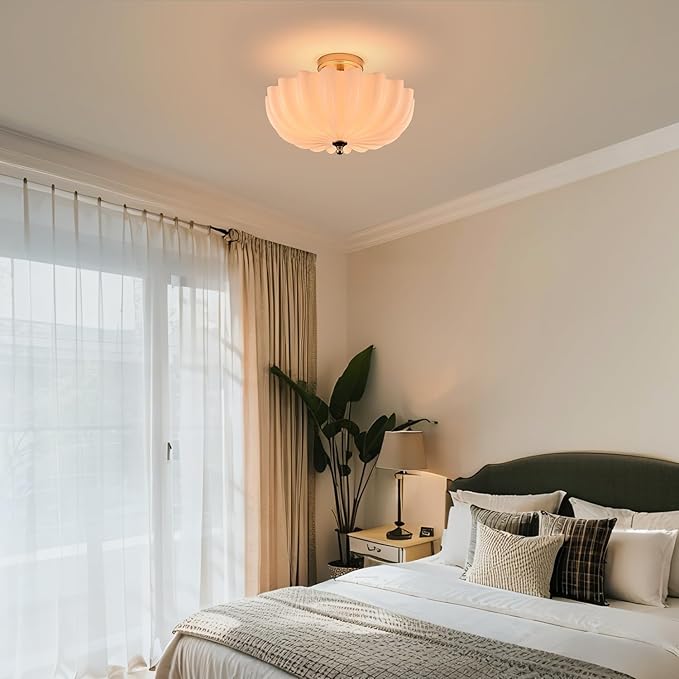 Modern Brushed Brass Gold Semi Flush Mount Light with Milky Flower Shade Ceiling Light Fixture for Living Room Bedroom Entryway