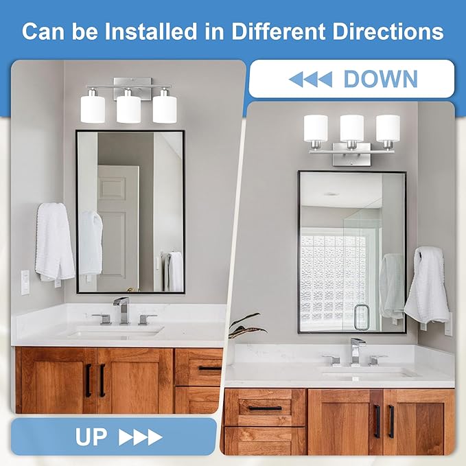 Bathroom Light Fixtures Over Mirror Brushed Nickel, Rustproof 3-Light Bathroom Vanity Lights, 18 Inches Modern Wall Sconces E26 Base, Milky White Glass Shades, Bulbs Not Included