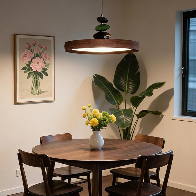 Mikeru Modern Pendant Lights, 23.6" Wood Grain Finish Pendant Lighting Fixture with Remote Control Dimmable 3 Color Mode & Brightness Mid Century Island Light Fixture for Dining Room,Living Room