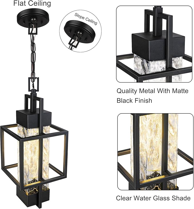 PARTPHONER Motion Sensor 15" Outdoor Pendant Light Exterior Hanging Lantern, Modern Black Metal Outside Chandelier Light Fixture Ceiling Mount with Water Glass for Front Porch Entrance Foyer Entryway