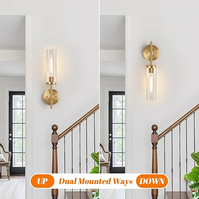 MOKATNG Wall Sconces Set of Two, Brushed Gold Bathroom Sconces with Clear Glass, Hardwired Sconces Wall Decor Set of 2, Modern Wall Light Fixtures for Bathroom Mirror Living Room Bedroom Hallway