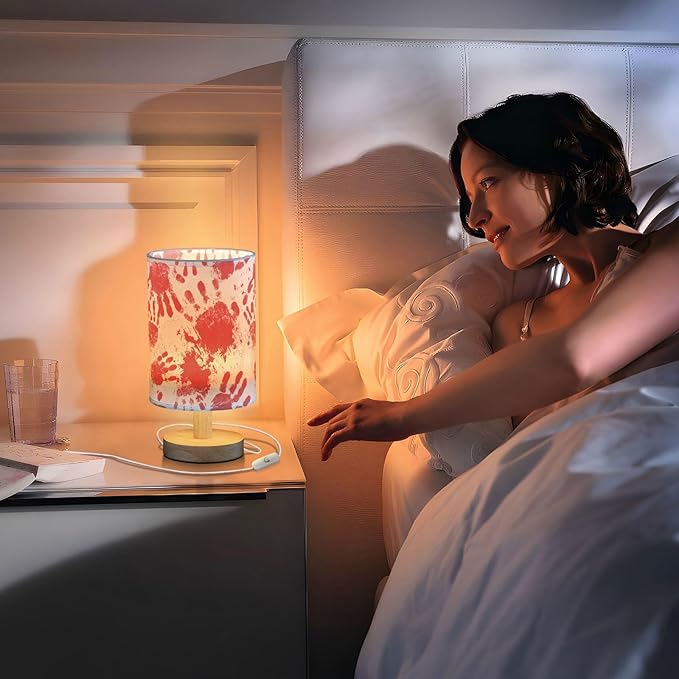 Aslsiy Red Hand Horror Halloween Bedside Table Lamp Nightstand Lamp Night Light Fabric Shade for Bedroom Living Room Home Office