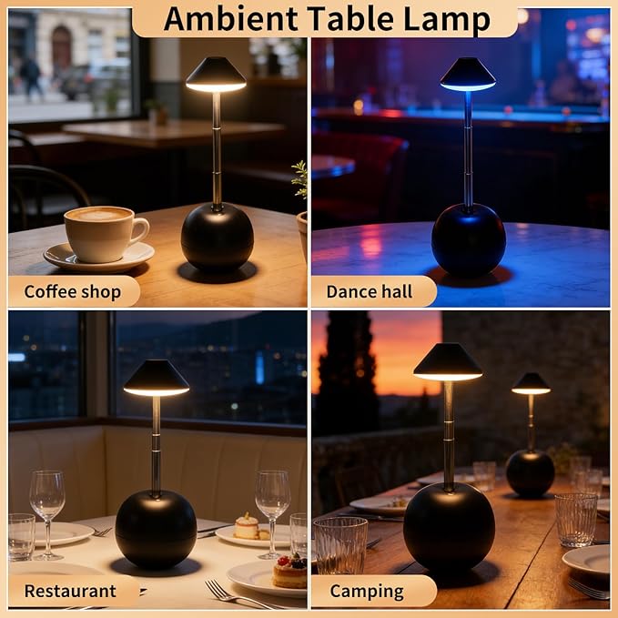 Rechargeable LED Table Light, Tumbler Cordless Table Lamp with 3 Colors & 7 RGB Stepless Dimmable Touch Control Lamps for Patio Restaurant Dining Home Bars (Black)