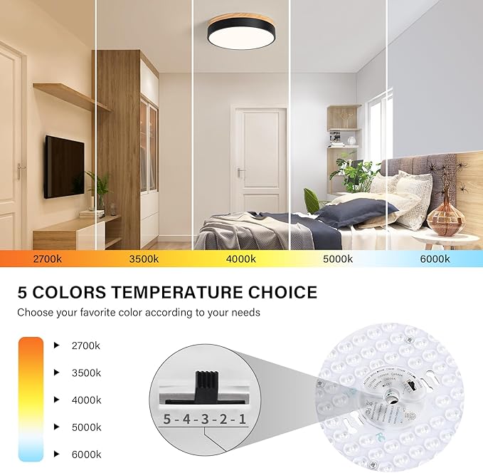 Modern LED Ceiling Light, Dimmable Wood Flush Mount Ceiling Lighting Fixture, 5CCT Round Wood Close to Ceiling Lamp for Kitchen Hallway Bathroom Office Laundry Room Entryway Nursery(Black& 11.81 in)