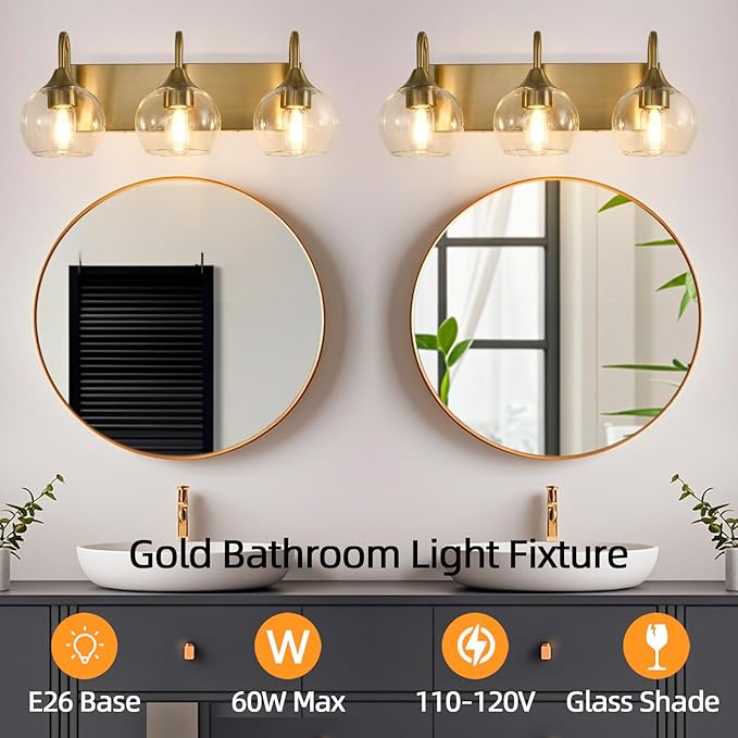 Bathroom Light Fixtures, 3-Light Brushed Gold Vanity Light Over Mirror, Modern Wall Sconces 21" with Clear Glass Globe Shade, Bathroom Wall Lights for Mirror Kitchen Bedroom Hallway