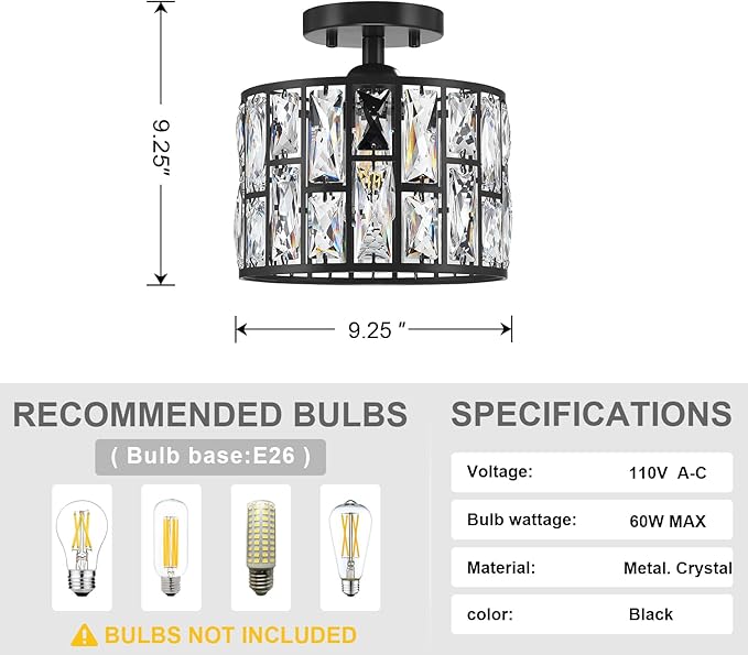 1 Light 9.25" Crystal Hanging Kitchen Island Ceiling Light Black Finish,Concise Semi Flush Mount Fixture Crystal Pendant Chandelier Shade for Bar,Dining Room,Living Room Over Sink