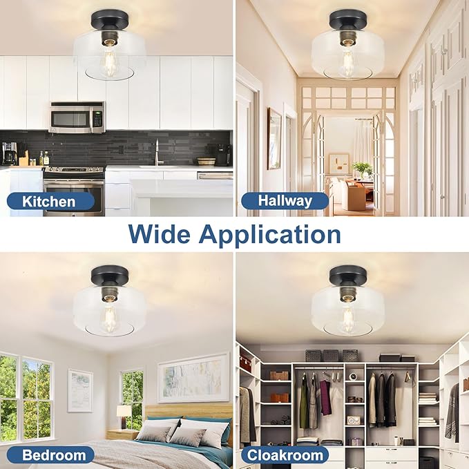 Industrial Semi Flush Mount Ceiling Light: Black Kitchen Lighting Fixtures Ceiling with Clear Glass - Vintage Hallway Light Fixtures E26 Bulb Included - 8.46” Light Fixtures Mount for Foyer