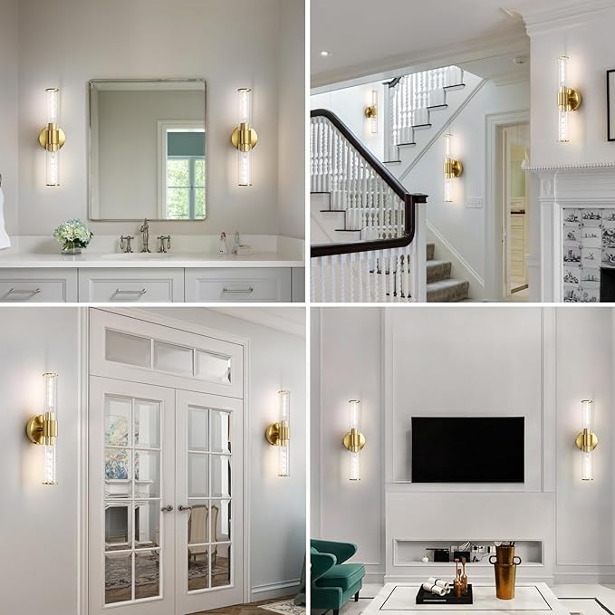 18" Wall Sconces Set of Two Hardwired Glass Gold Vanity Lights for Bathroom LED Wall Lights for Living Room Hallway (2 Pack)