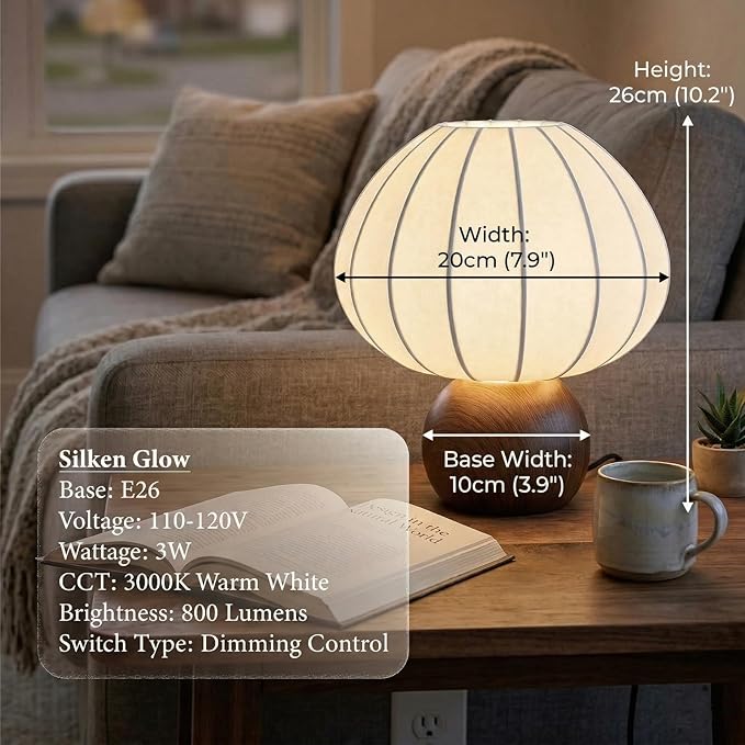 Mushroom Table Lamp, Metal Bedside Lamp with Stepless Dimming, Handcrafted Silk Lampshade Nightstand Lamp for Cozy Bedroom, Living Room, Kids Room