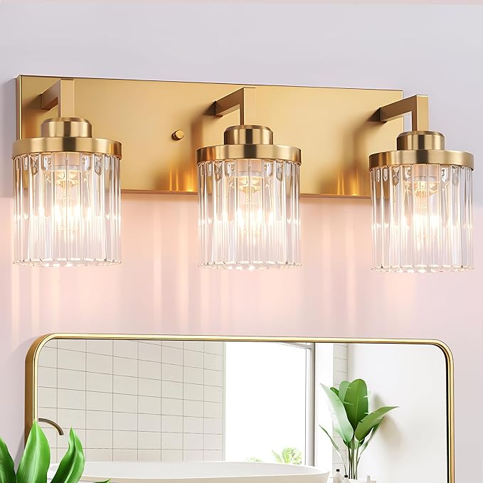 Modern Crystal Bathroom Light Fixtures, 3 Light Gold Vanity Lights, with Crystal Glass Shade, Industrial Bathroom Lighting Fixtures Over Mirror Wall Light for Bedroom Living Room