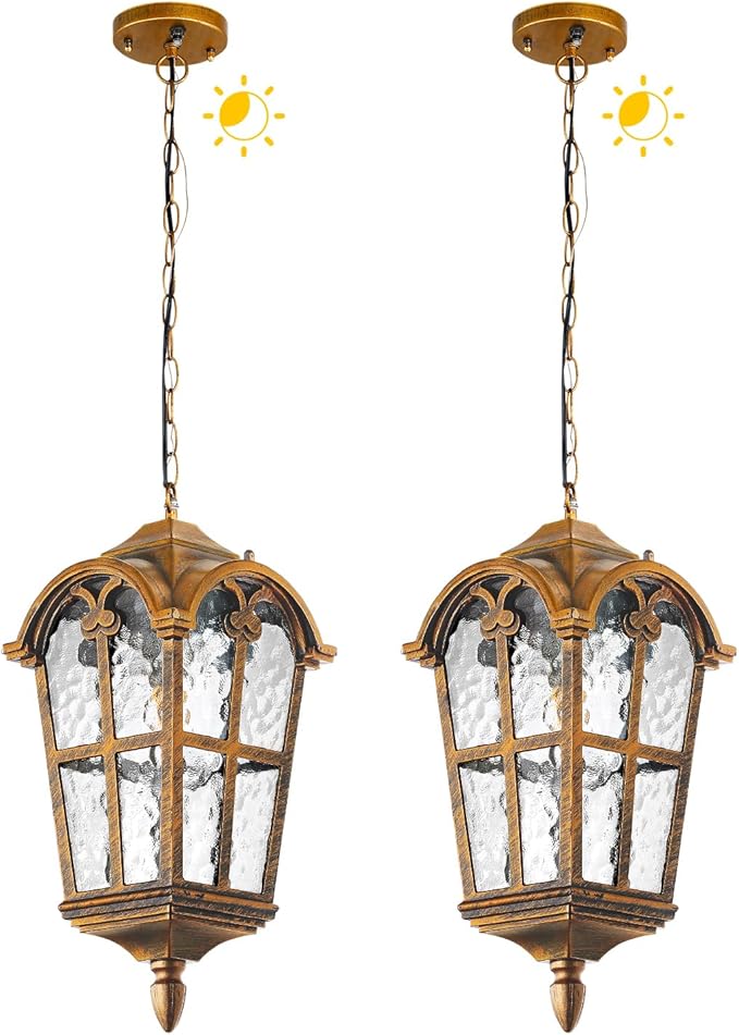 Dusk to Dawn Outdoor Pendant Lights for Porch Patio Garden Yard, Anti-Rust Aluminium Exterior Hanging Light Fixtures, Height Adjustable Gold Outside Hanging Ceiling Hallway Pendant Lamp, 2 Pack