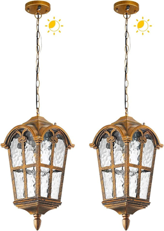 Dusk to Dawn Outdoor Pendant Lights for Porch Patio Garden Yard, Anti-Rust Aluminium Exterior Hanging Light Fixtures, Height Adjustable Gold Outside Hanging Ceiling Hallway Pendant Lamp, 2 Pack