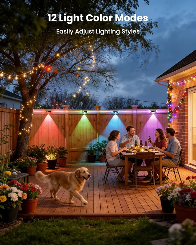 Waterproof Solar Fence Lights Outdoor 8 Pack 12 RGB Color Changing Mode Decorative LED 3-Sided Solar Powered Landscape Wall Lighting, Decor for Outside Patio Step Backyard Deck Railing Pool