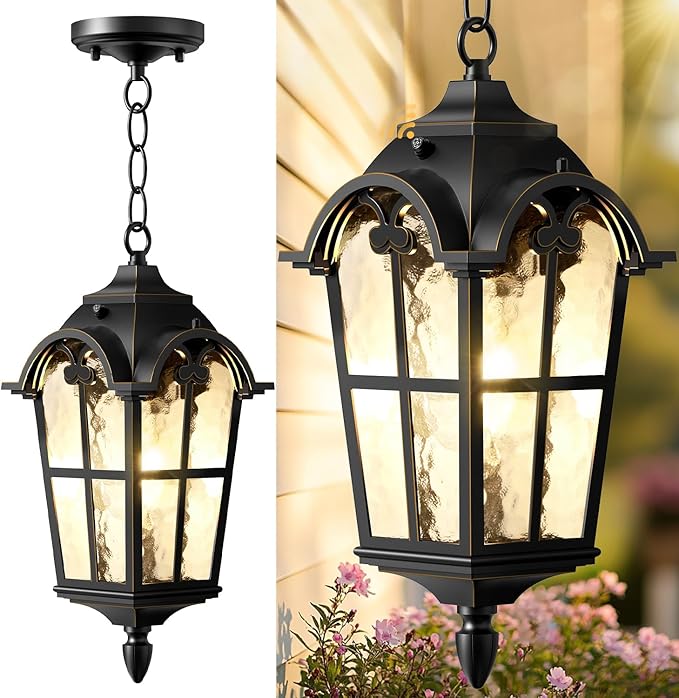 18" Outdoor Pendant Light Dusk to Dawn for Porch, Anti-Rust Aluminum Chandelier, Waterproof Exterior Hanging Lighting Fixture with Ripple Glass for Gazebo, Black with Golden Edge