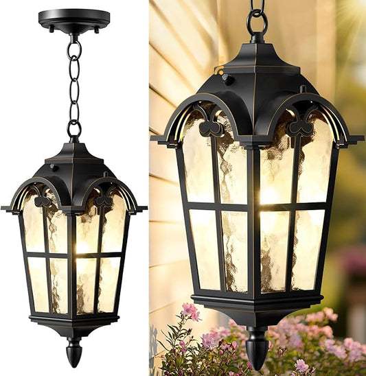 18" Outdoor Pendant Light Dusk to Dawn for Porch, Anti-Rust Aluminum Chandelier, Waterproof Exterior Hanging Lighting Fixture with Ripple Glass for Gazebo, Black with Golden Edge