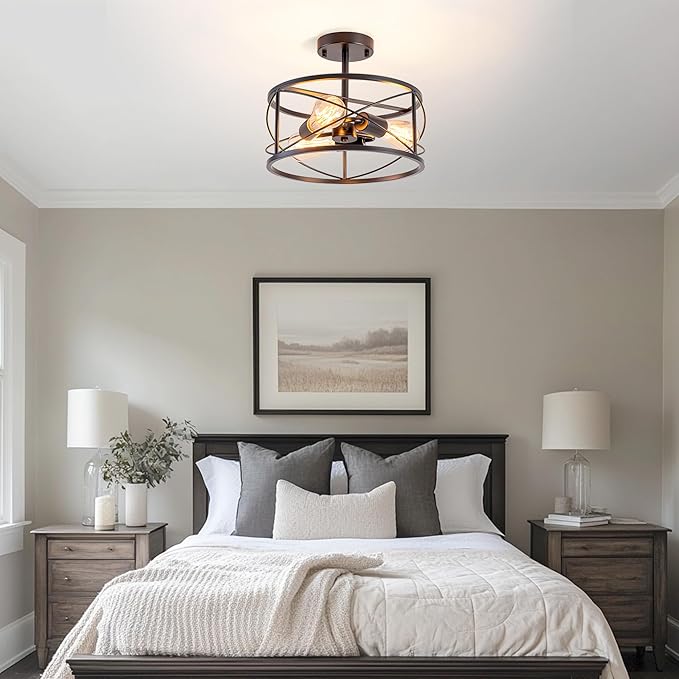 Farmhouse Flush Mount Ceiling Light, Rustic 3-Light Semi Flush Mount Ceiling Light Fixture with Wood Grain Finish, Retro Ceiling Lamp for Hallway Entryway Bedroom Dining Room