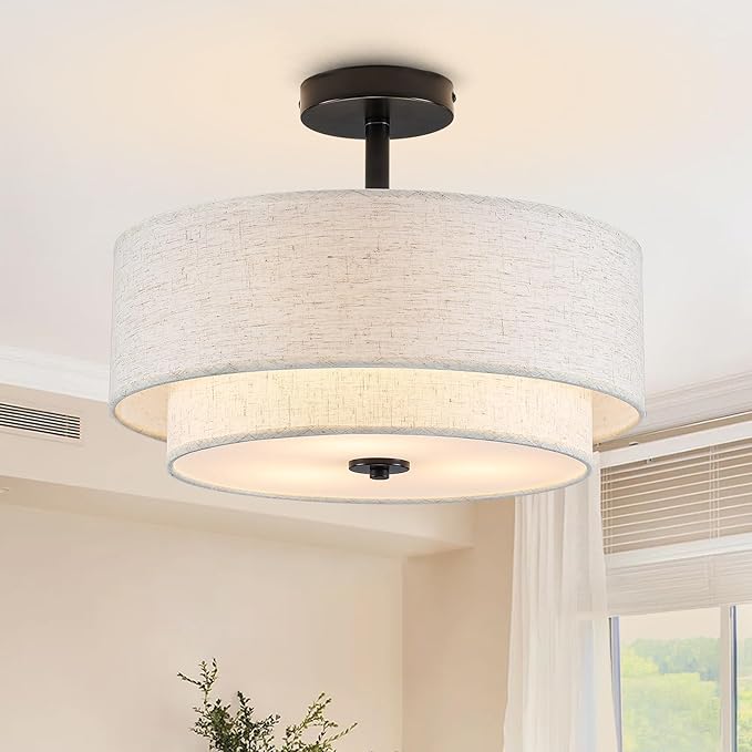 BUXVRCS Semi Flush Mount Ceiling Light Fixture, 3-Light Double Drum Lighting Fixtures with Fabric Shade, 16" Modern Light Fixtures Ceiling Mount Close to Ceiling Light for Bedroom (Black)