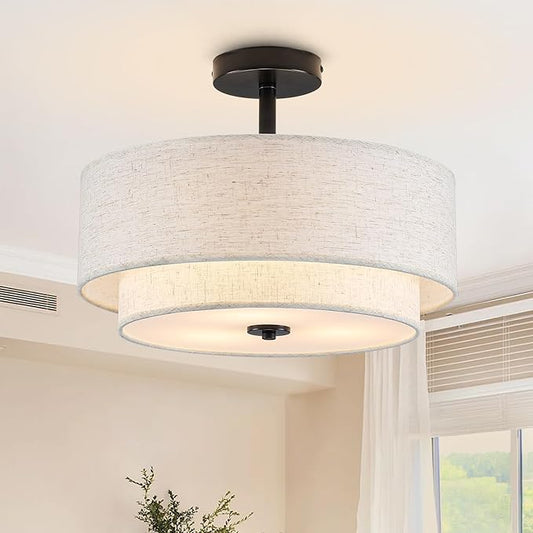 BUXVRCS Semi Flush Mount Ceiling Light Fixture, 3-Light Double Drum Lighting Fixtures with Fabric Shade, 16" Modern Light Fixtures Ceiling Mount Close to Ceiling Light for Bedroom (Black)