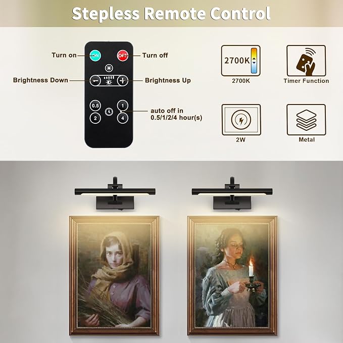DESOOP Battery Operated Picture Lights for Wall Black Art Light Wireless Gallery Lights with Timer and Remote 12 Inch 2W Warm White