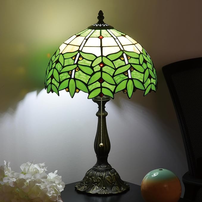 Tiffany Style Stained Glass Table Lamp 12-inch Dia Natural Green Leaf Design Lampshade Nightstand Light for Bedroom Dining Dorm Living Hallway Cottage Office Cafe Ceremony Housewarming Gift