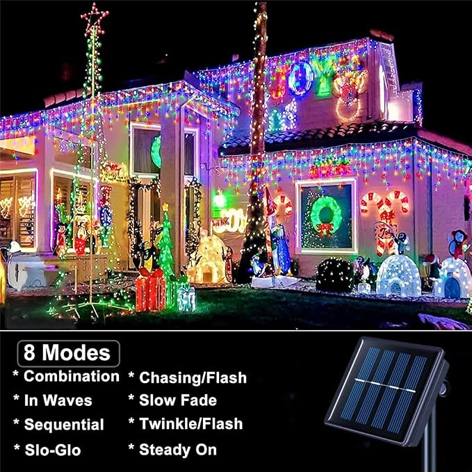 Sherno 1Pcs LED Solar String Lights, 8 Modes Icicle Curtain Lights, Outdoor Fairy Lights for Christmas, Garden, Party Decoration (Multicolor, 137.8inch 96LEDs)
