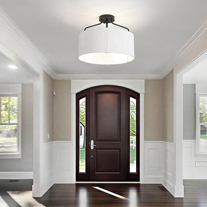 Rattan Black Ceiling Light Fixtures Flush Mount 3 Lights Boho Semi Flush Mount Ceiling Light with Shades White Drum Chandelier Close To Ceiling Light for Bedroom Living Room Kitchen Hallway Entryway