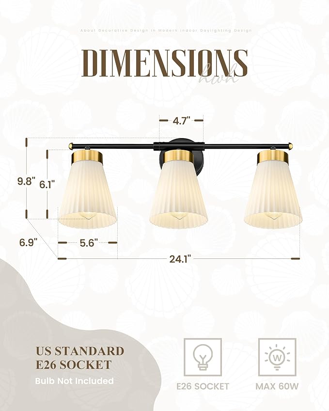 Bathroom Vanity Light, HWH 3-Light Wall Light Fixture for Bathroom Bedroom, Black and Gold Vanity Lights with Frosted Milk White Striped Glass, 5HZG97B-3W BK+BG