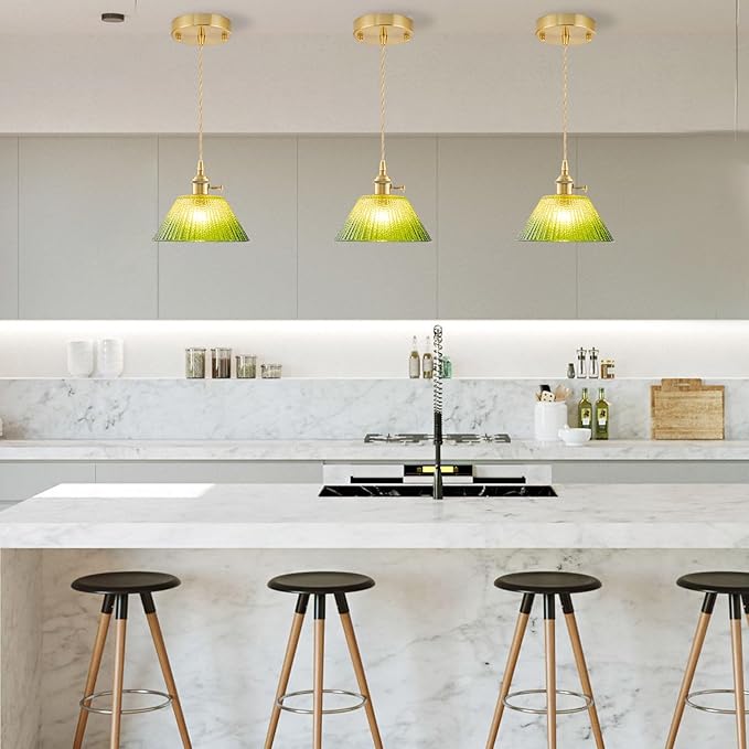 Vintage Pendant Lights Kitchen Island, Adjustable Brass Pendant Light Fixtures with Gradient Green Glass Shade, Gold Kitchen Pendant Lighting Over Island, Pendant Light for Dining Room Hallway