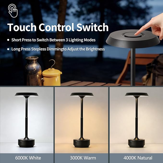 Wireless Desk Lamp Rechargeable 5000mAh Battery Powered Lamp for Counter 3 Color Stepless Dimmable LED Wireless Light for Dining Room Kitchen Outdoor Terrace Support Touch Control (Black)