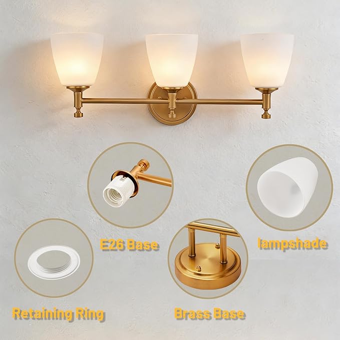 Vintage Bathroom Vanity Light Fixture, 3-Light Bathroom Lighting Fixtures Over Mirror, Antique Brass Finish with Frosted Milk Glass Shade, Wall Sconces Lighting for Bedroom, Living Room, Hallway, Sink