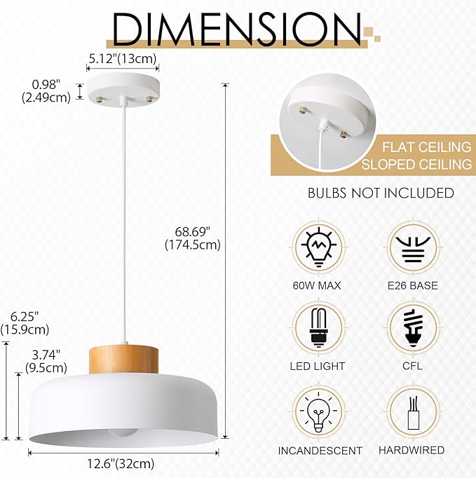 Modern Pendant Light with Real Wood Cap - 12.6” White Hanging Light Fixture for Kitchen Island, Dining Room Table - Adjustable Height Ceiling Light with E26 Socket - Scandinavian Style