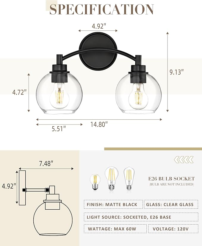 2-Light Vanity Light Fixture Over Mirror,Globe Bathroom Light with Clear Glass,Modern Black Wall Sconce,ZCVL02BK-2
