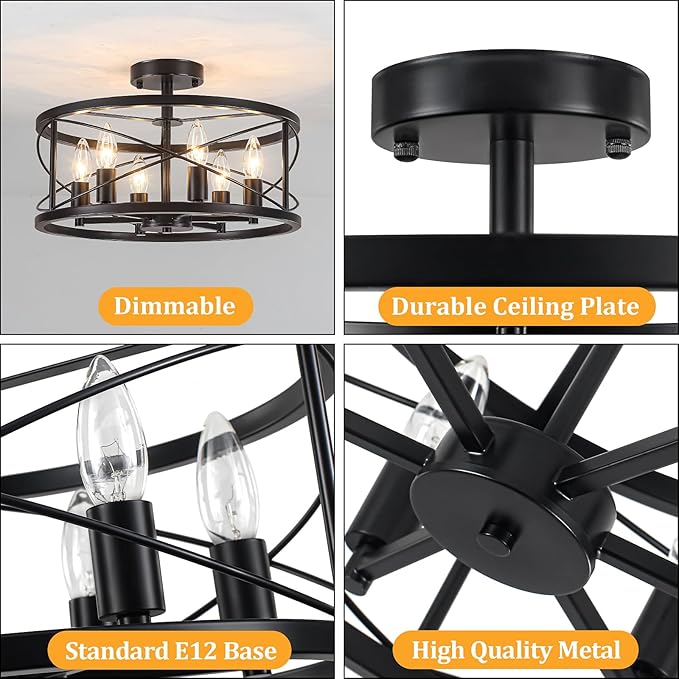 TOULMJ 6-Light Black Semi Flush Mount Ceiling Light, 16.53'' Modern Entryway Light Fixtures, Farmhouse Light Fixtures Flush Mount Chandelier for Kitchen Island Laundry Hallway Dining Room
