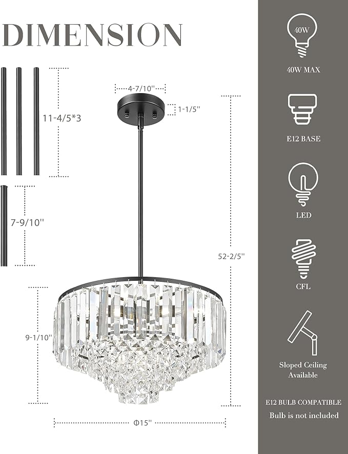 15'' Crystal Chandelier, 5-Tier Modern Chandelier with Matte Black Finish, Pendant Light for Dining Room Kitchen Island Bedroom Entryway, CC4215-5W-BK