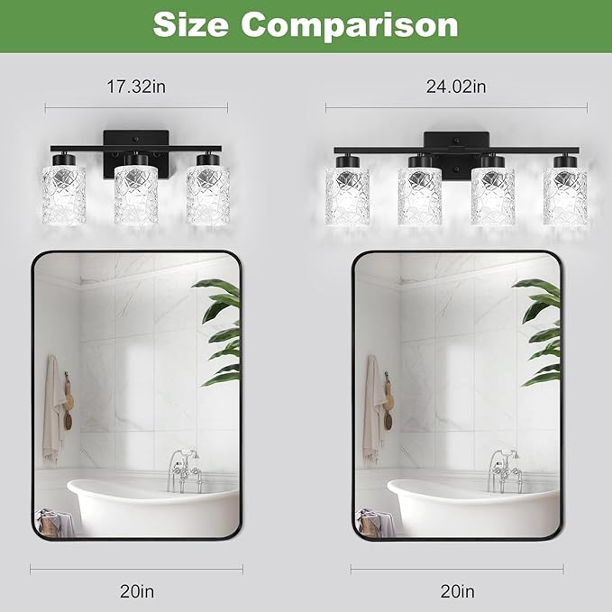 Black Bathroom Light Fixtures, 3-Light Modern Bathroom Vanity Wall Light, Vanity Lights for Mirror, Wall Sconces with Clear Textured Glass (E26 Socket, Bulbs Not Included)