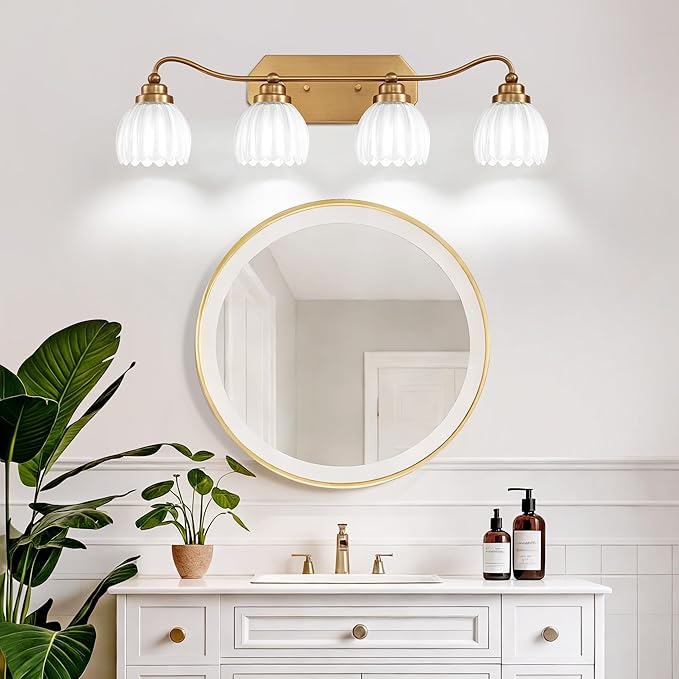 Vintage Bathroom Light Fixtures, Gold Bathroom Vanity Light, Matte Antique Brass Finish with Crystal Glass Shade, Wall Sconces Lighting for Bedroom, Living Room, Hallway (Milk White, 4-Light)