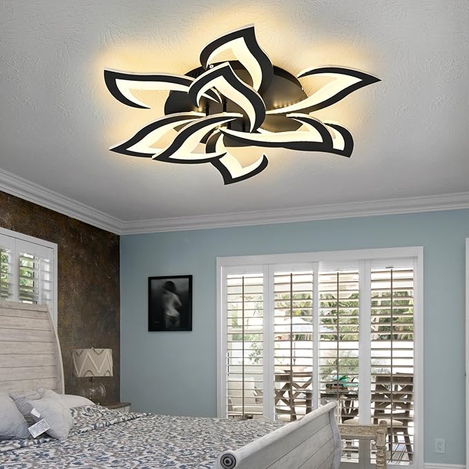 Modern Ceiling Light with APP & Remote Control, Dimmable LED Flush Mount Chandelier with 3-Color Temperatures, Black Acrylic Flower Ceiling Light Fixture for Living Room Dining Room Bedroom Kitchen