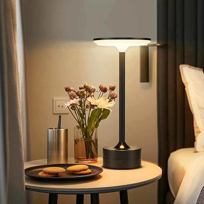 FRIDEKO HOME Cordless Table Lamp Portable LED Desk Lamp Battery Operated 3 Color Desk Light Stepless Dimming Night Light for Restaurant/Bedroom/Bars/Outdoor Party/Camping/Coffee Shop