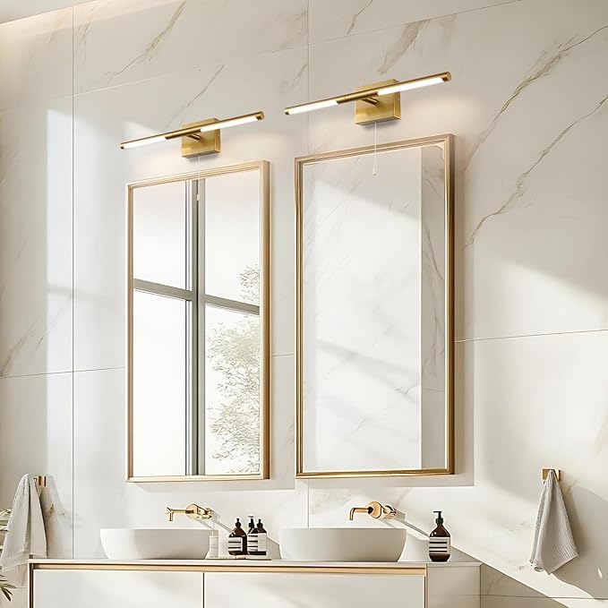 24 Inch Brass Gold LED Bar Bathroom Vanity Light,360° Rotatable Vanity Light Fixtures with Pull Chain Over Mirror,4000K Modern Bathroom Sconces Wall Lighting Picture Light