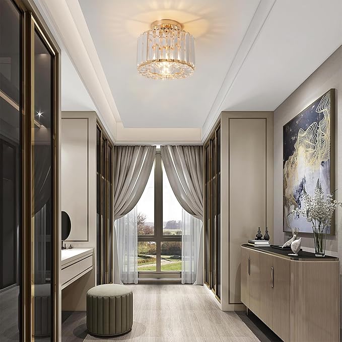 Gold Ceiling Lamp, Semi Flush Mount, Small Crystal, Entryway Chandelier for Dining Room, Bedroom, Kitchen