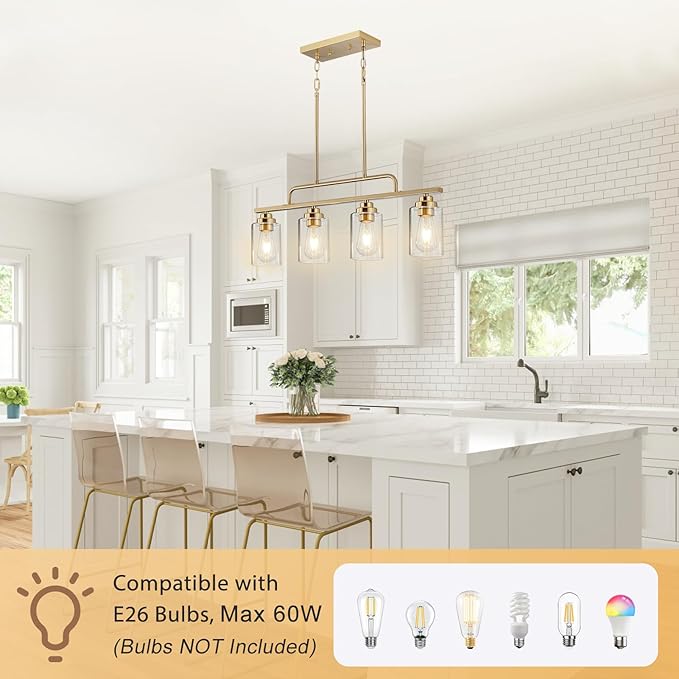Dining Room Light Fixture - Brushed Gold 4-Light Farmhouse Chandelier Kitchen Island Lights Fixtures Modern Linear Chandeliers Hanging Pendant Lighting Over Table for Dining Room