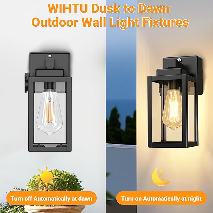 WIHTU Outdoor Wall Light Fixtures, Dusk to Dawn Outdoor Wall Sconce with Outlet, 2-Pack, Porch Sconces Mounted Lighting, Porch Lights with E26, Waterproof Wall Lamps for Patio Front Door
