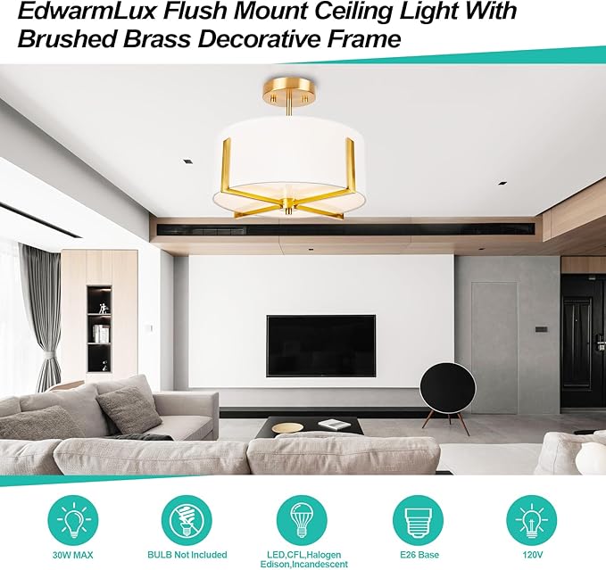 Edwarmlux 3-Light Semi Flush Mount Ceiling Light Fixture, 13.7" Gold Drum Light with White Fabric Shade, Modern Close to Ceiling Lamp for Living Room Bedroom Dining Room Kitchen Hallway Entry Foyer